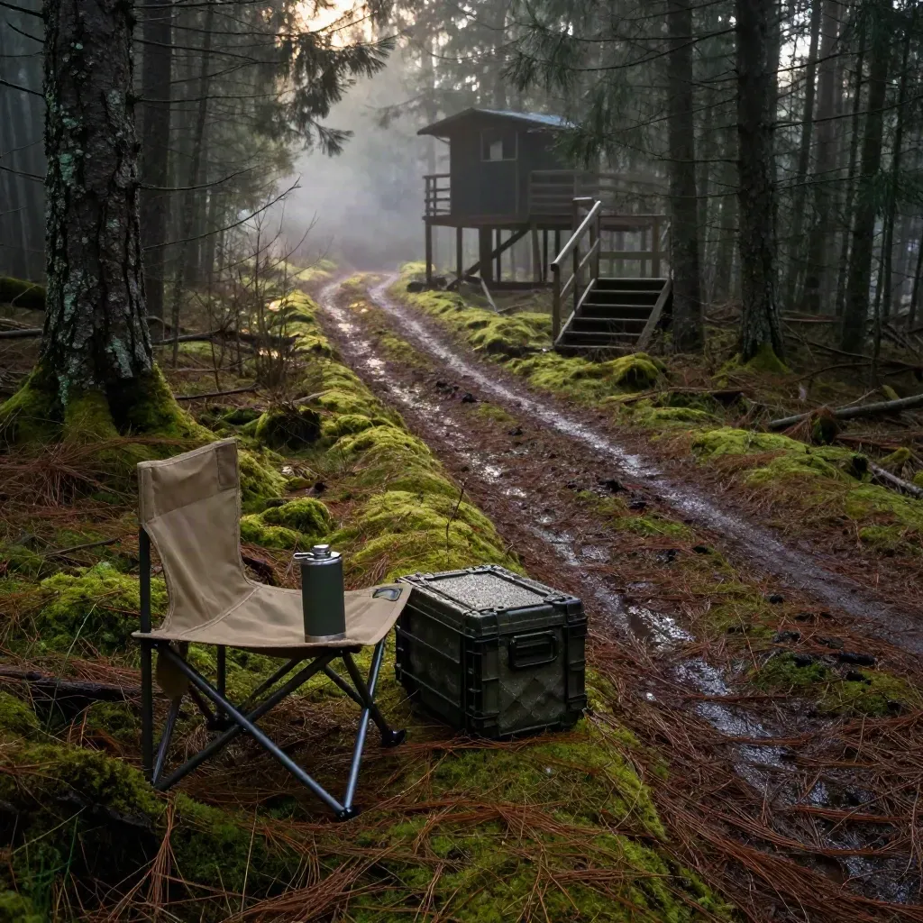 Mossig bospad naar verborgen jachthut met stoel, thermos en kist in ochtendmist.
