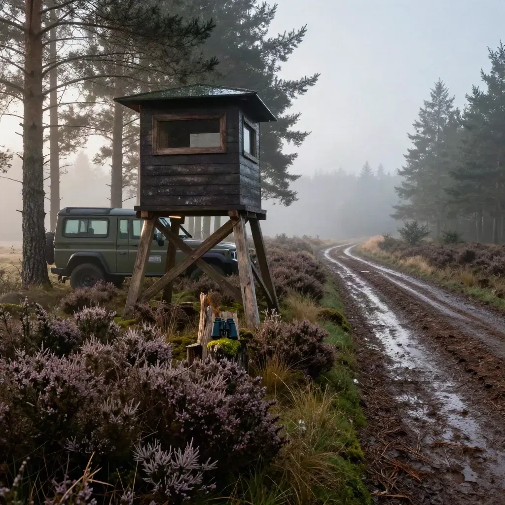 Mistige bosrand met jachthut, half verscholen 4x4 en natte sporen in de heide.
