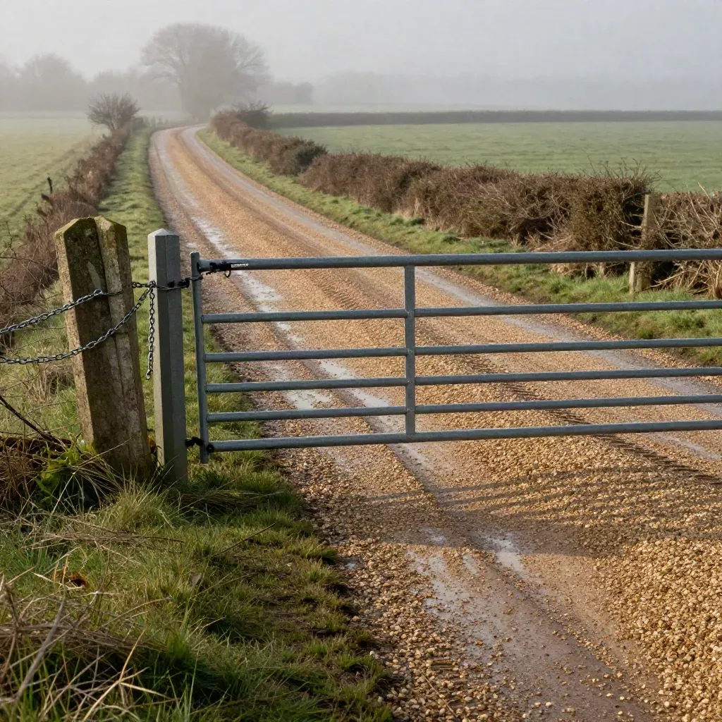 Open grinttoegang met ketting, grenssteen en pad naar beheerde weilanden in zachte nevel.