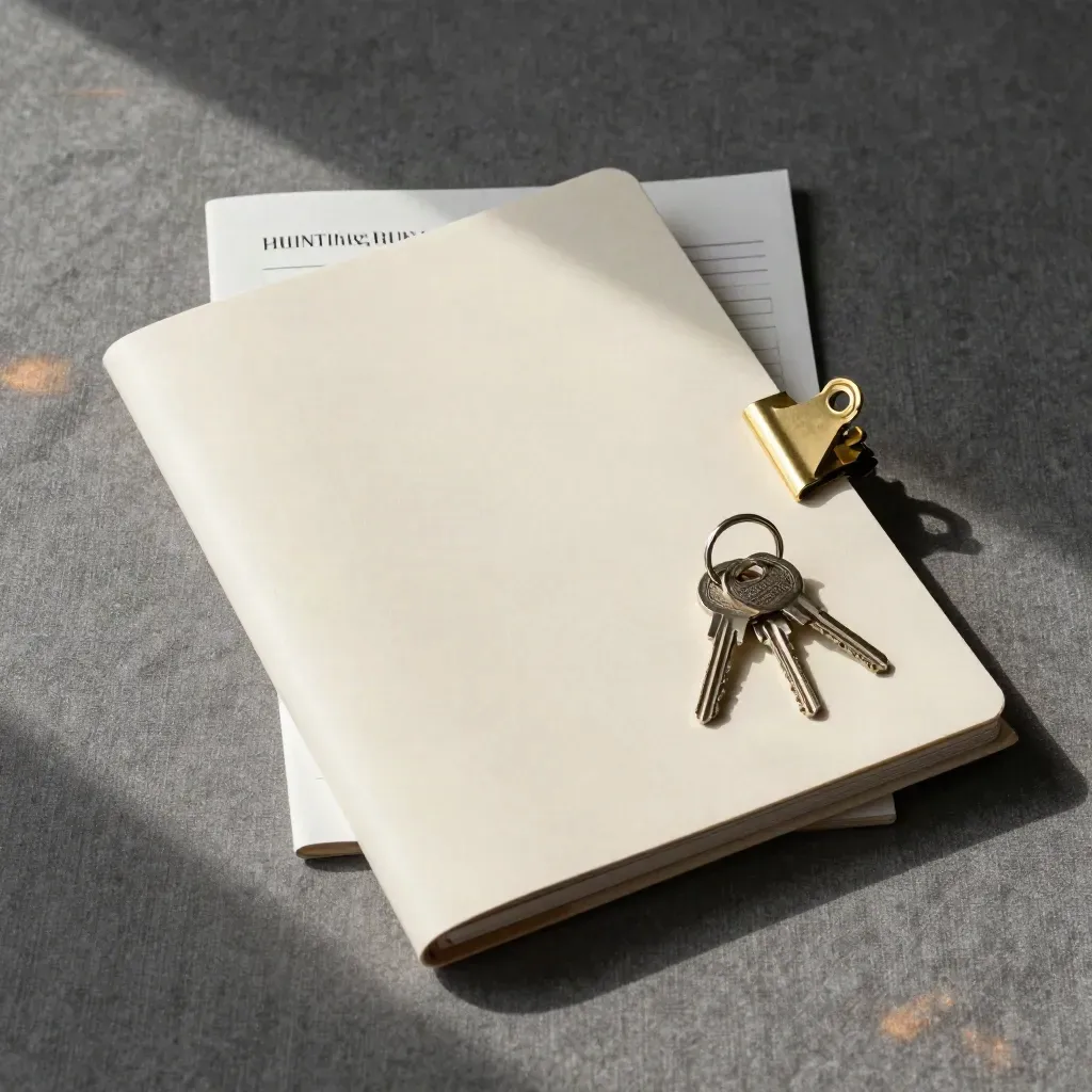 Platliggende vergunningenset met folio, tabbladen, brass clip en sleutelring op linnen.