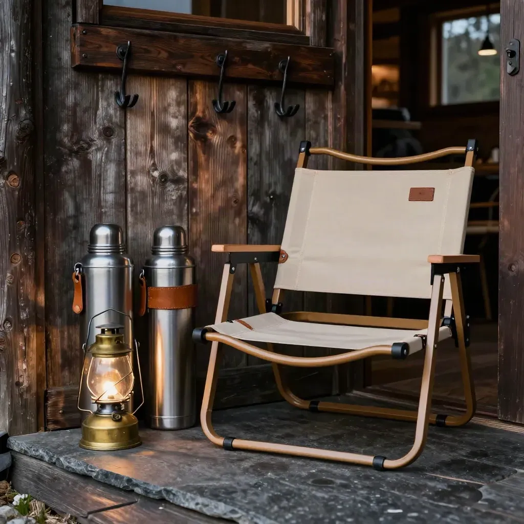 Overnachtingsset bij een lodge-deur met thermoskannen, lantaarn en jashaken in warm avondlicht.