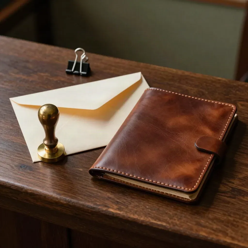 Brass stempel, envelop, leren map en binderclip op een donker houten vergunningenblad.