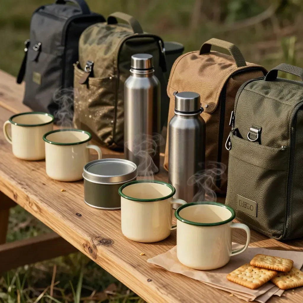 Bovenaanzicht van mokken, thermos, trommels en gear pouches met kruimels en stoom.