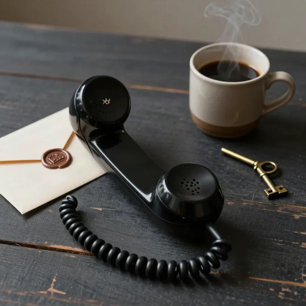 Retro telefoonhoorn, envelop, mok en sleutel op donker hout met zacht zijlicht.