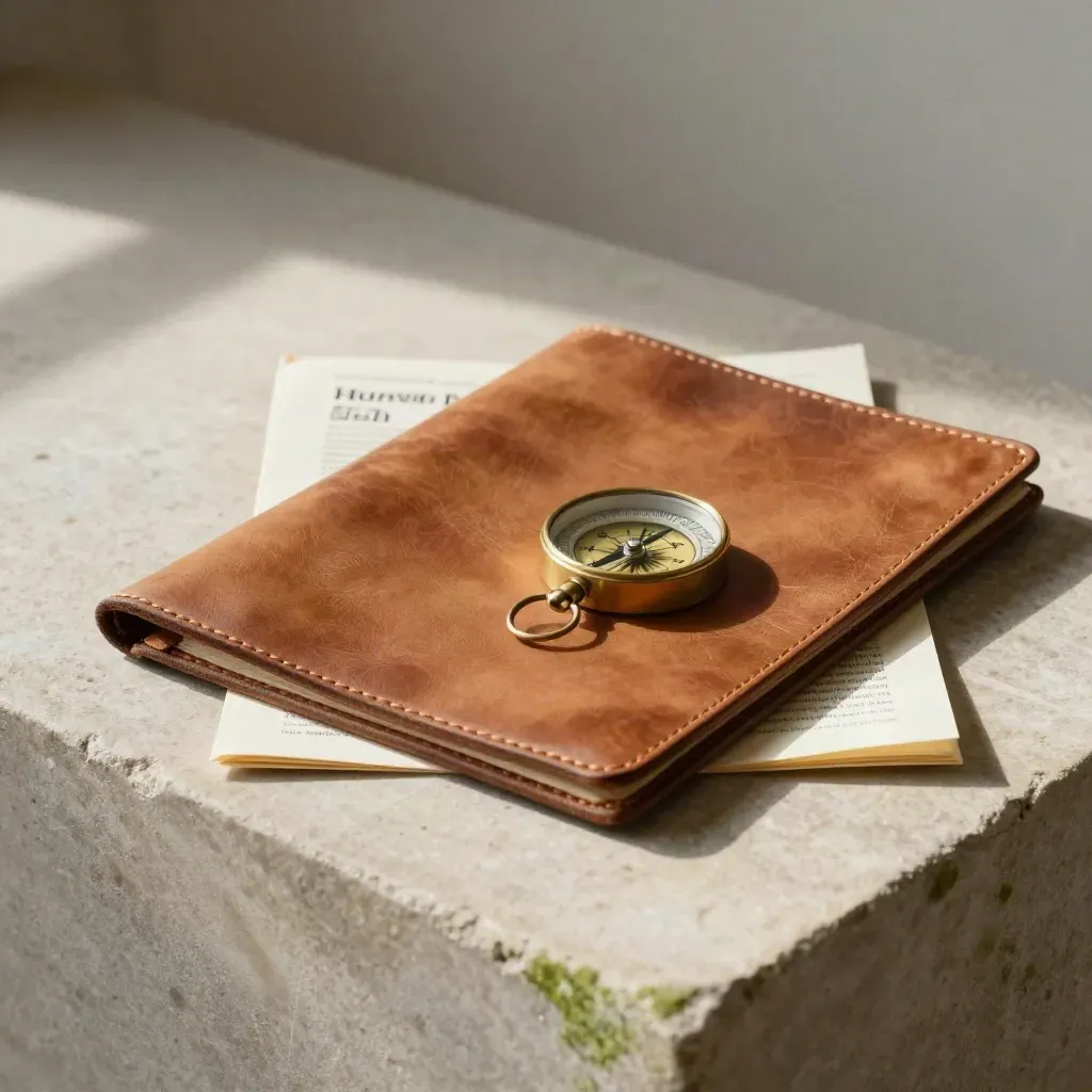 Lederen folio met kompas, permithoes en metalen klem op licht stenen oppervlak.