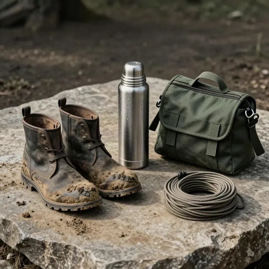 Muddy laarzen, thermos, borstel en jachtzak op steen na de tocht