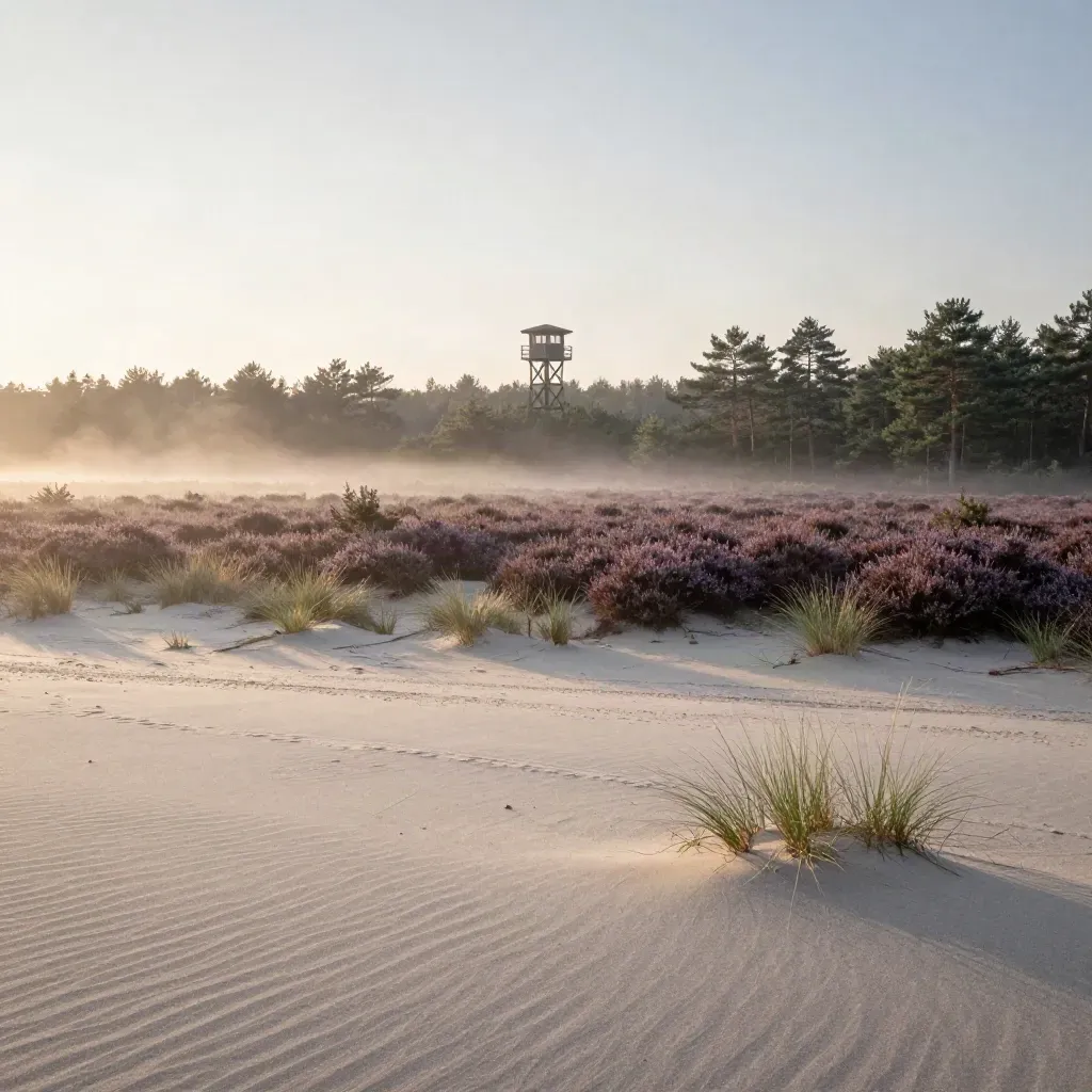 Mistige Veluwse heide met houten uitkijktoren en zandige voorgrond bij zonsopkomst