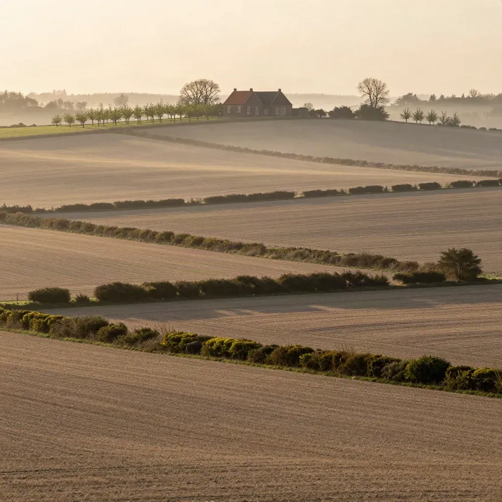 Achterhoekse velden met heggen en een boerderij in warm ochtendlicht