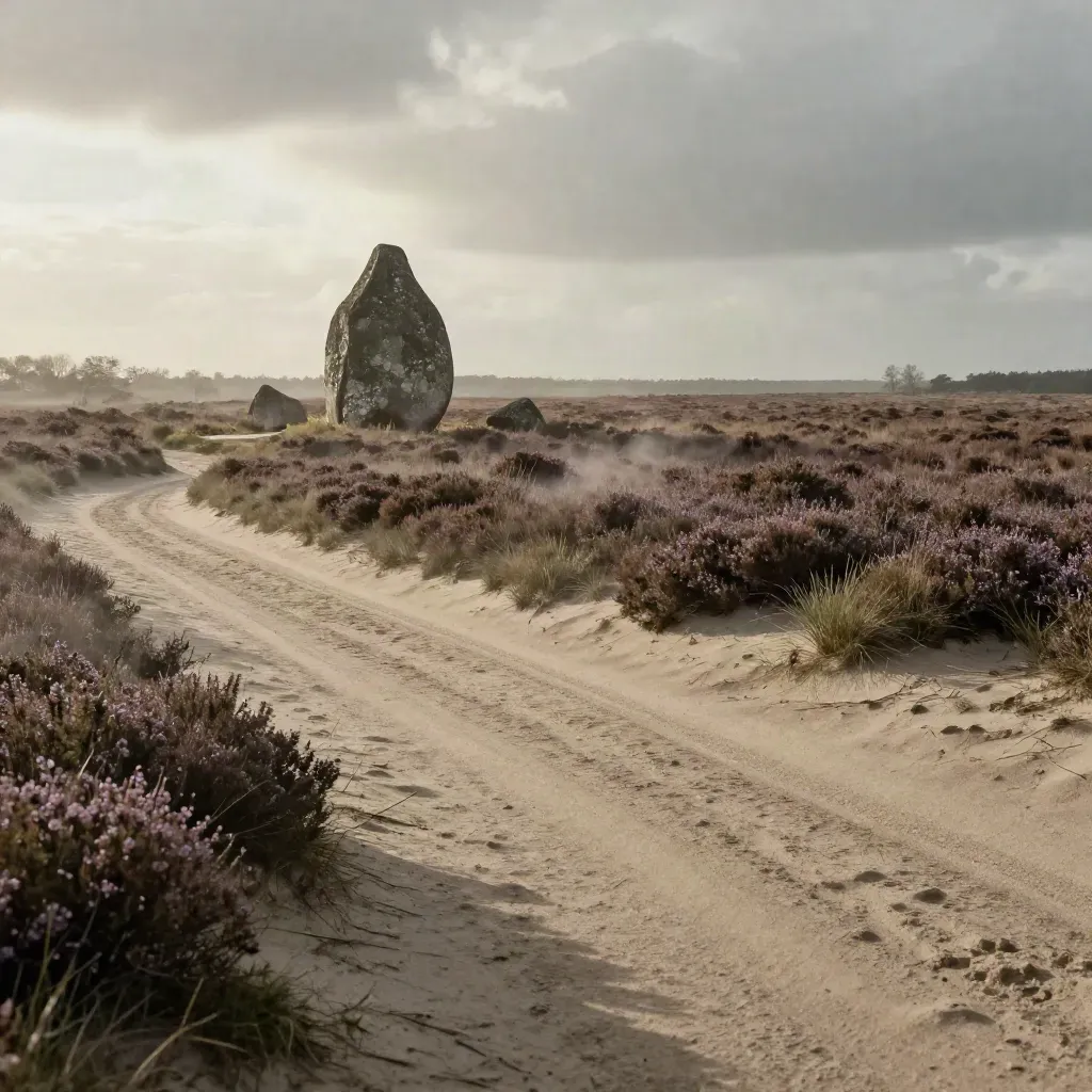 Drenthe-heide met hunebed, jeneverbesstruiken en een zandpad in mistig licht
