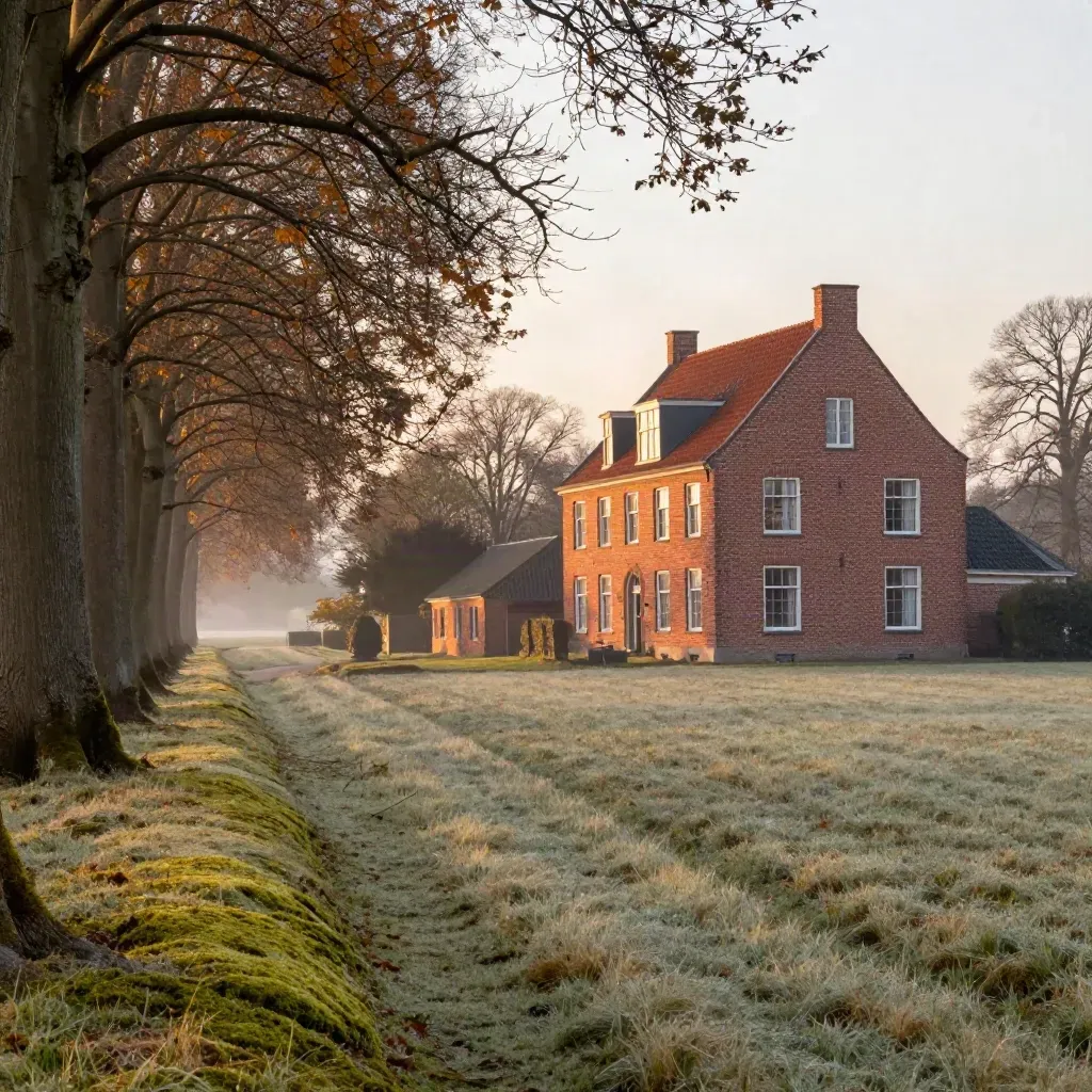 Brabantse landgoedbossen met bakstenen boerderij, beukenlaan en zachte mosrand in avondlicht.