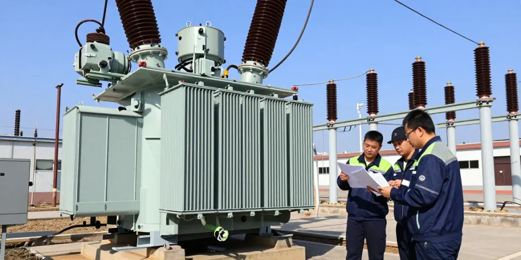 Inspectie van een hermetisch afgesloten transformator in een buitenstation door technici, met focus op veilige energieoplossingen.