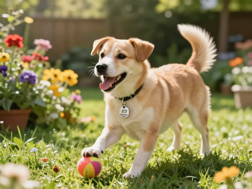 Gepersonaliseerde hondenpenning aan de halsband van een speelse hond in de tuin
